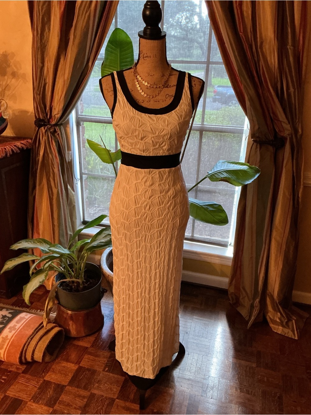 Gracia Ivory Maxi Dress with Black Trim